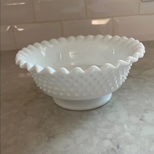 Vintage Hobnail Milk Glass Pedestal Ruffled Fruit Bowl 8”
